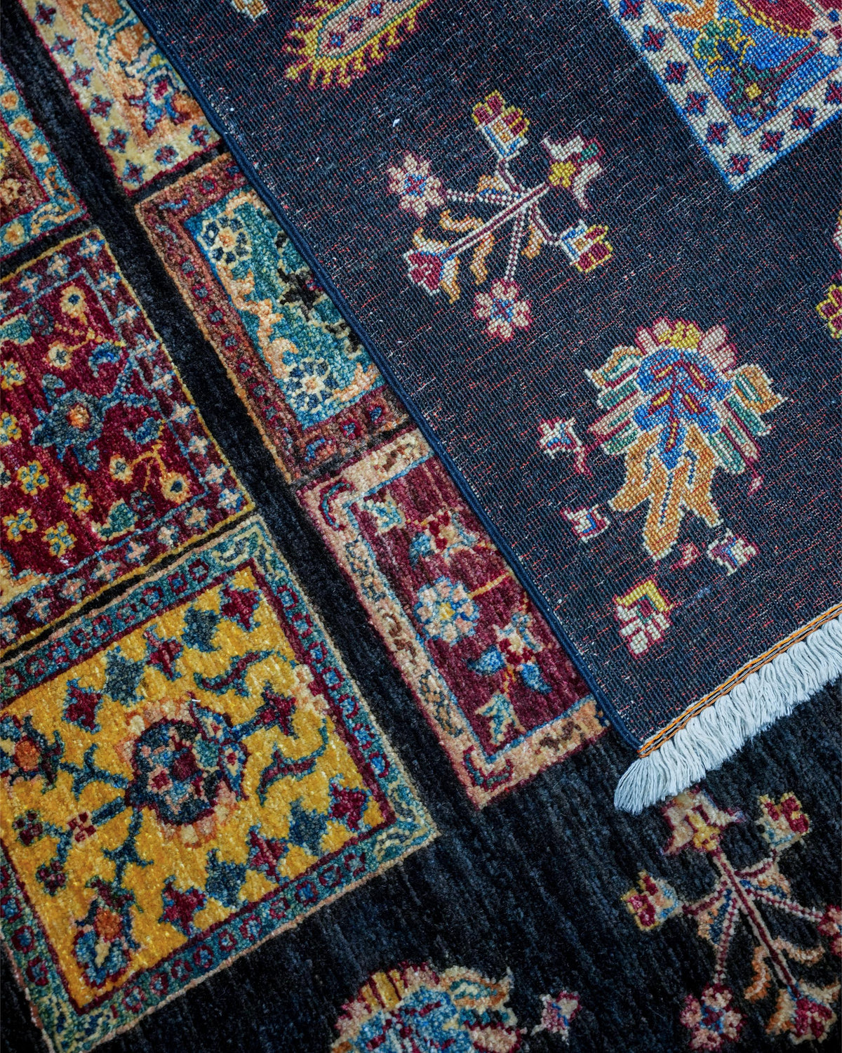 Handmade All-Over Floral Rug | Golden Amber Field with Navy Border | Wool Rug