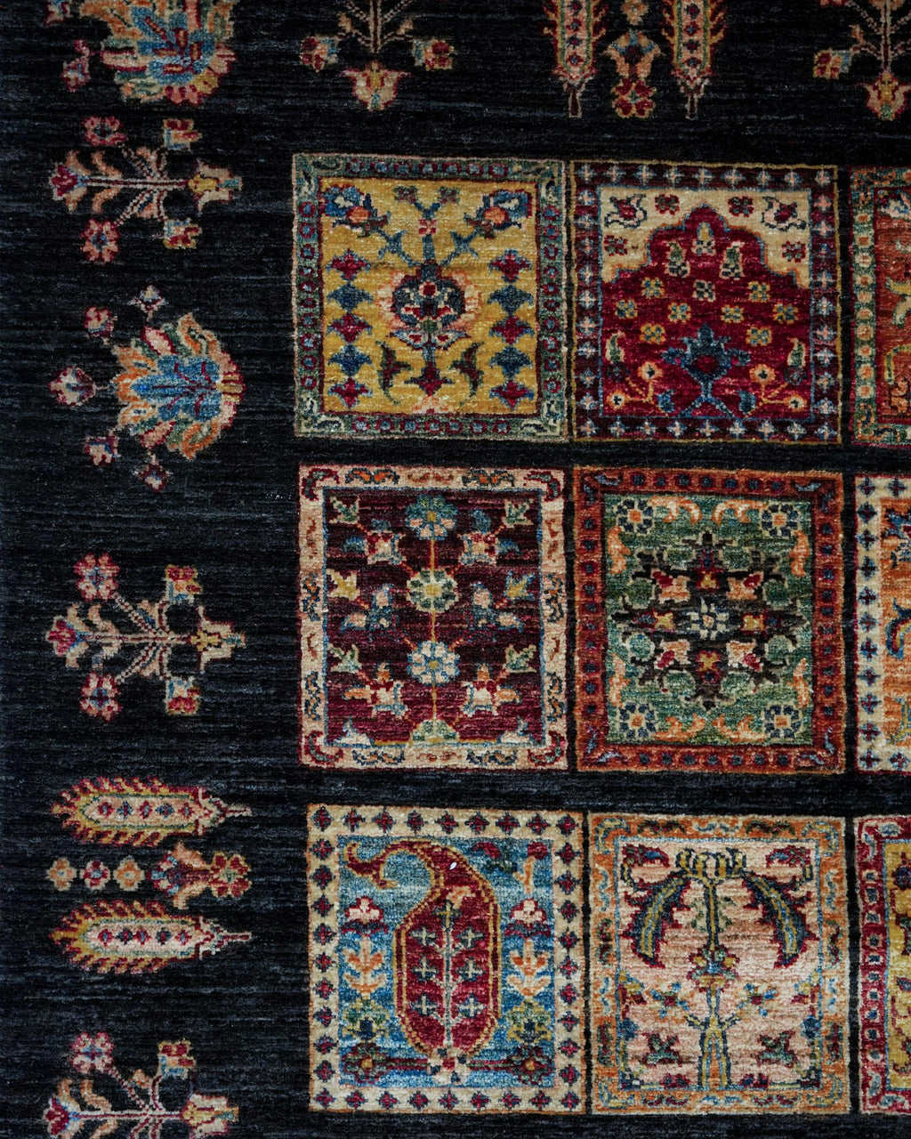 Handmade All-Over Floral Rug | Golden Amber Field with Navy Border | Wool Rug