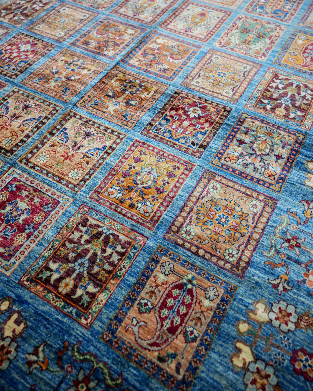 Handmade Panel Design Rug | Ivory Field with Multicolor Compartment Motifs | Wool Rug
