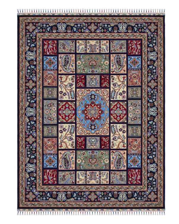 Multicolour 100% Handmade wool Rug with Navy Border and Tasselled Ends