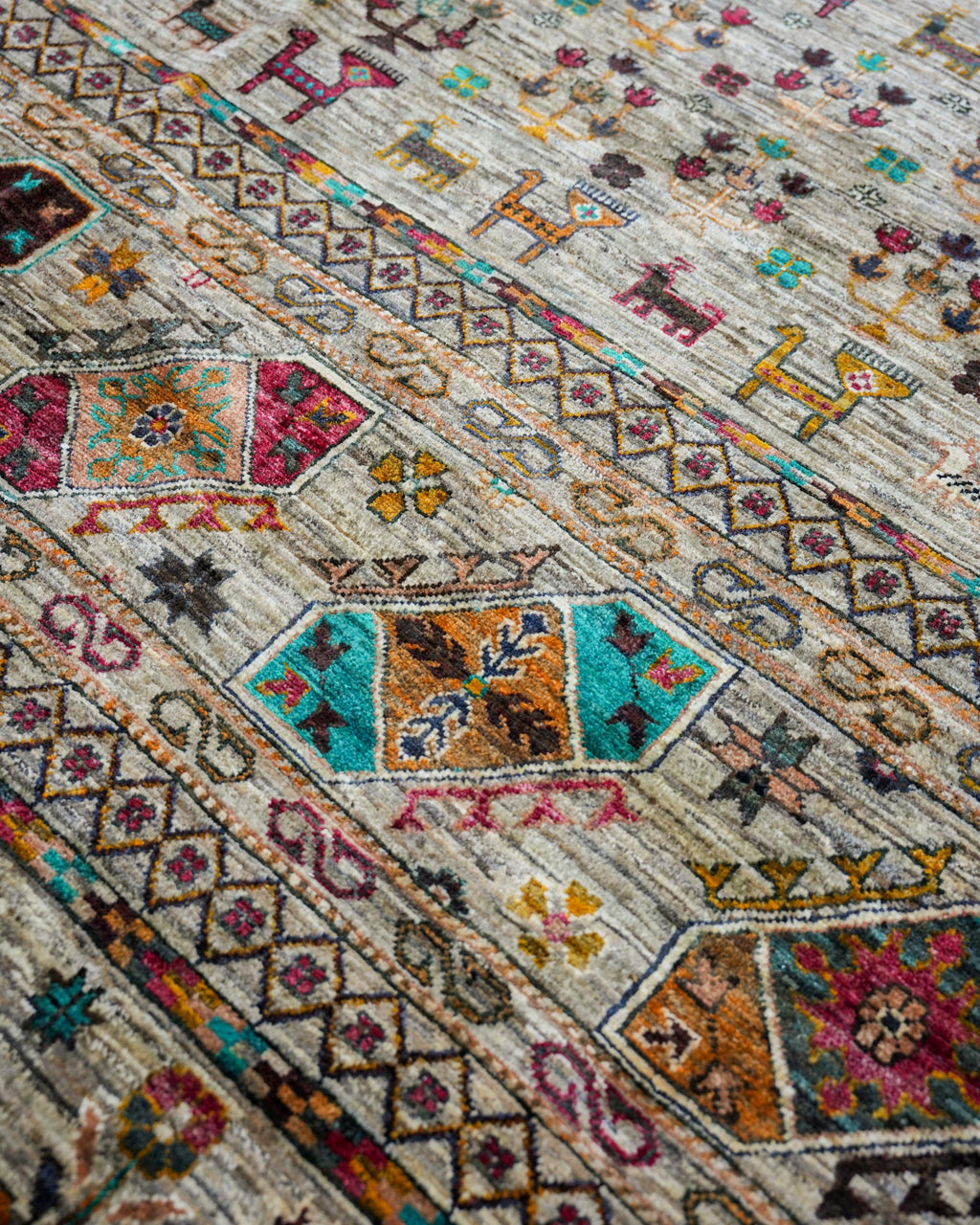 Handmade Bokhara Rug | Navy Field with Gold, Red & Turquoise Guls | Wool Rug