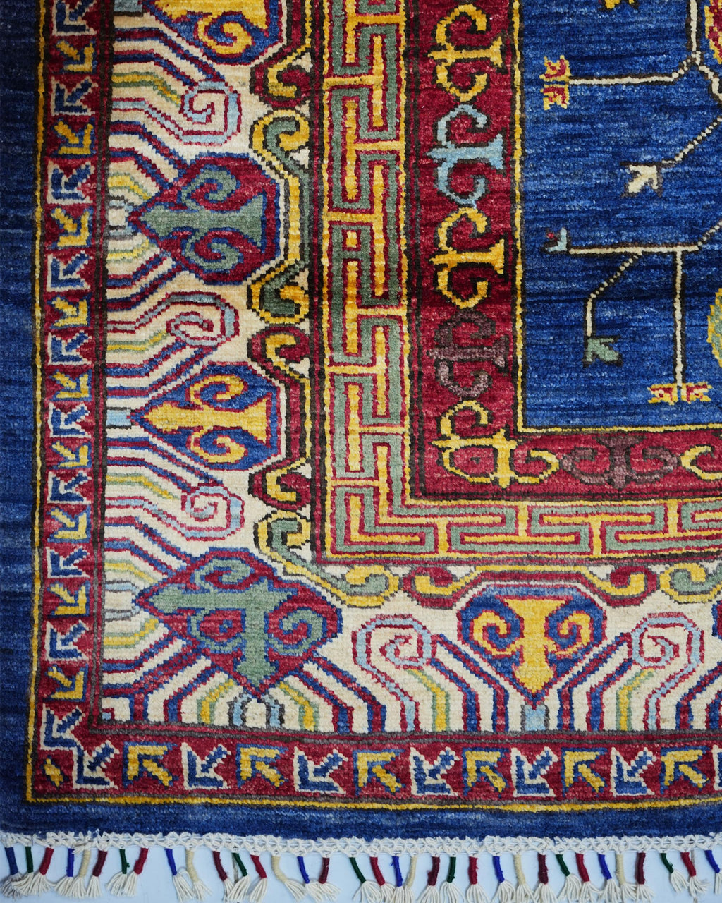Handmade Kazak Style Rug | Deep Red Field with Cream & Navy Star Medallions | Wool Rug