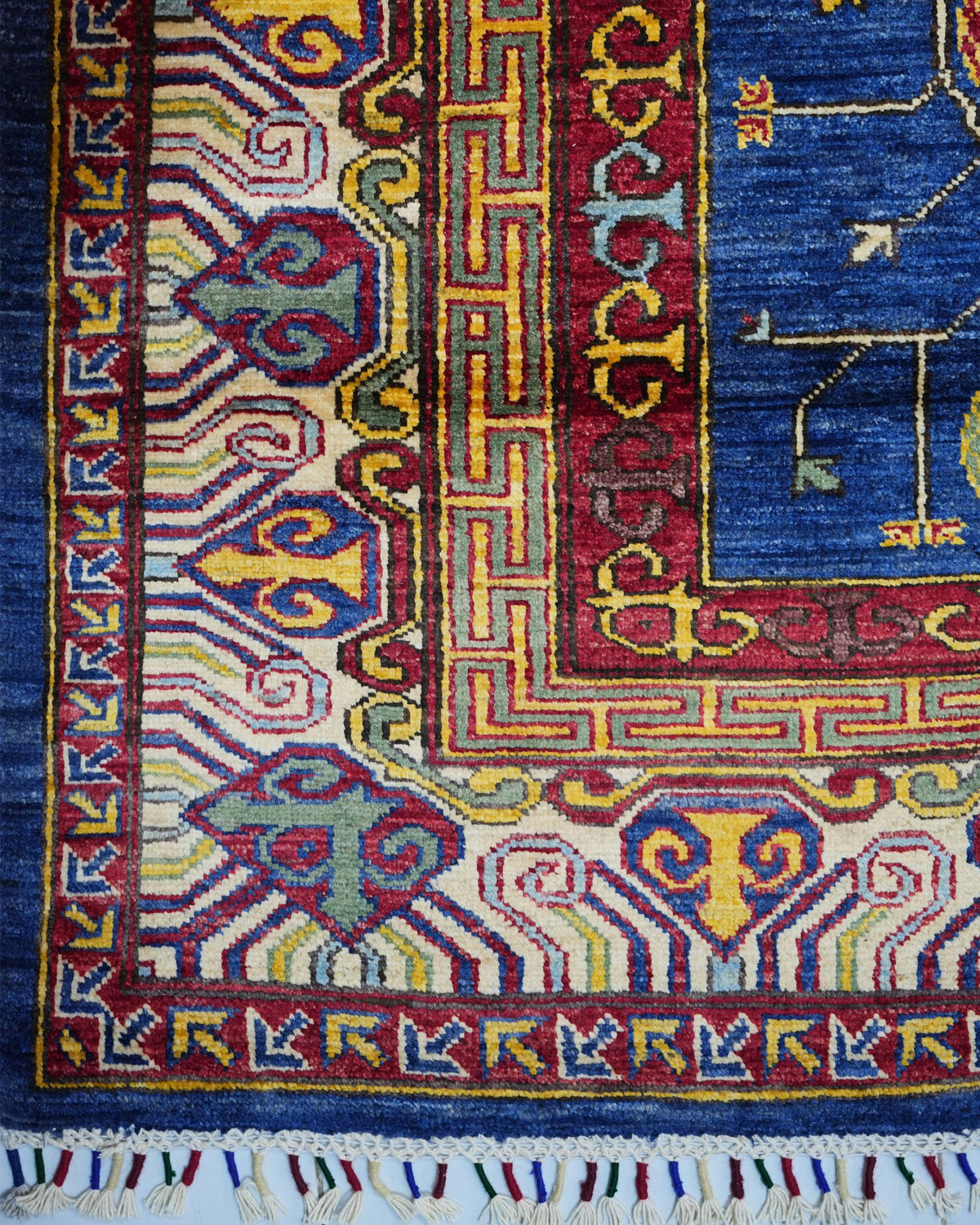 Handmade Kazak Style Rug | Deep Red Field with Cream & Navy Star Medallions | Wool Rug