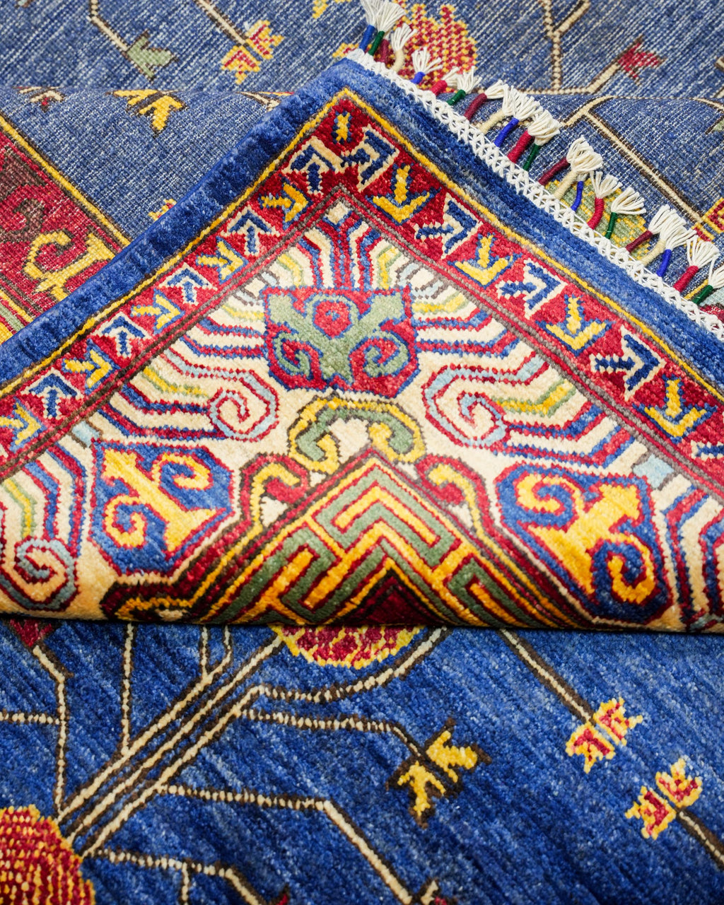 Handmade Kazak Style Rug | Deep Red Field with Cream & Navy Star Medallions | Wool Rug