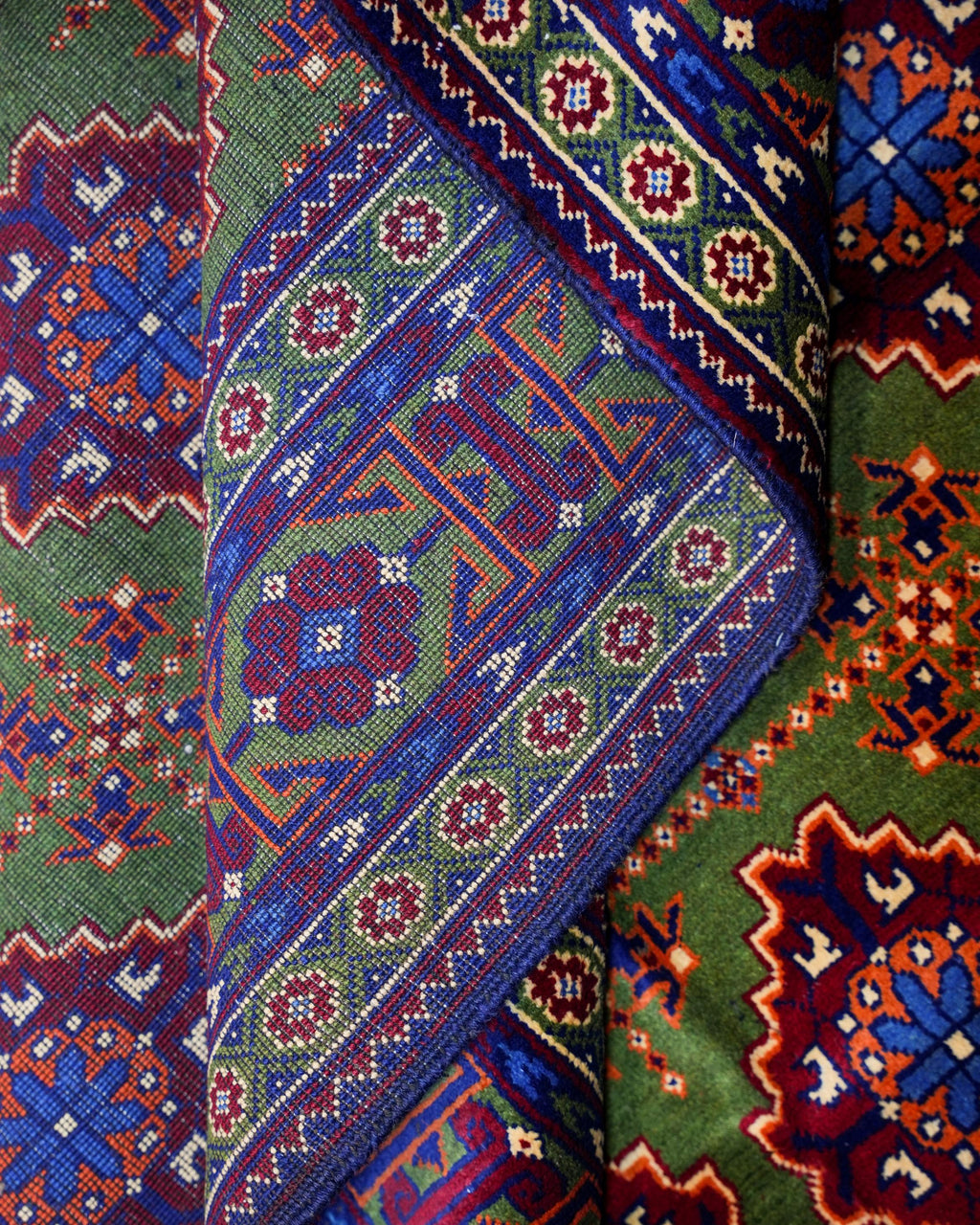 Handmade Bokhara Rug | Cream Field with Gold, Navy & Burgundy Diamond Medallions | Wool Rug