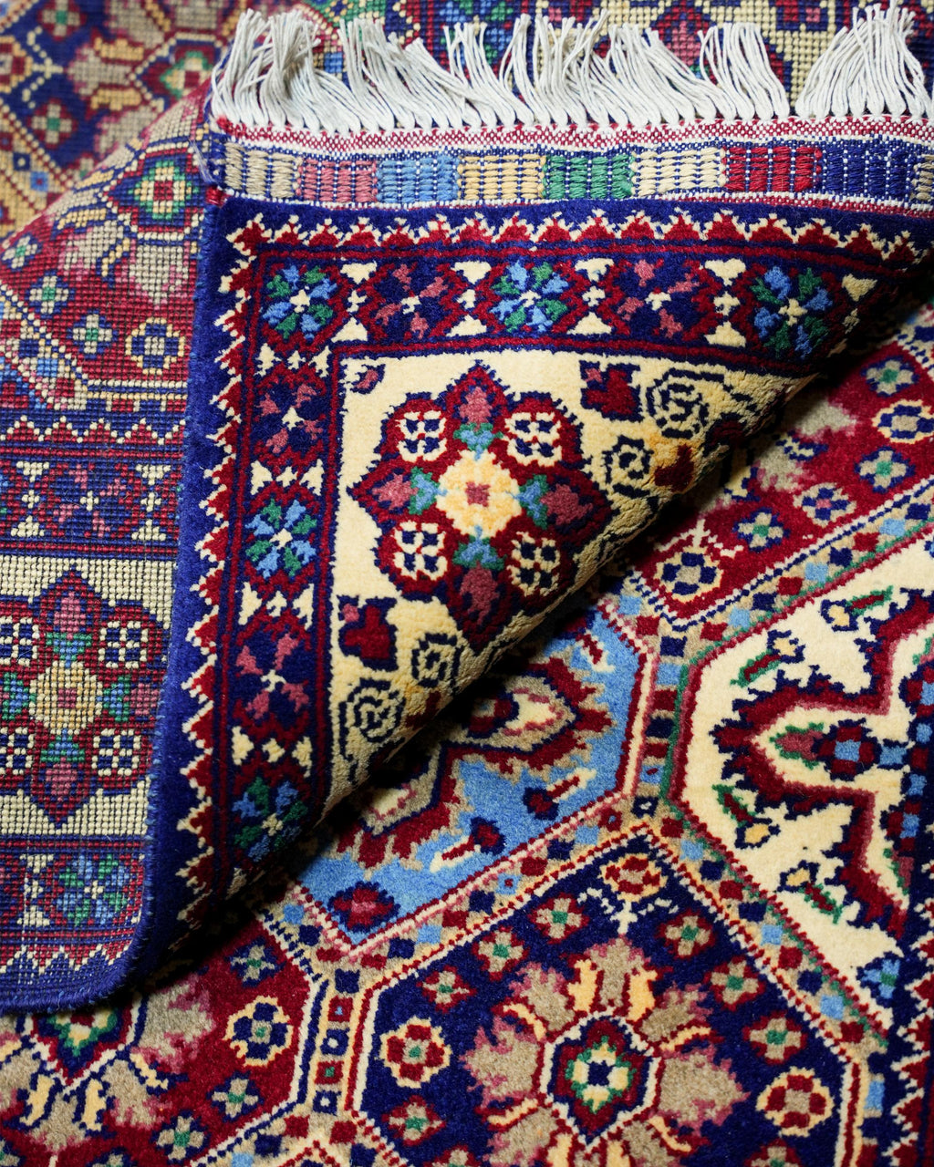 Handmade Bokhara Rug | Deep Blue Field with Red & Gold Octagon Medallions | Wool Rug