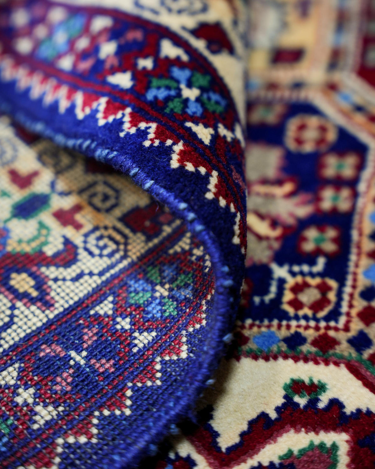 Handmade Bokhara Rug | Deep Blue Field with Red & Gold Octagon Medallions | Wool Rug