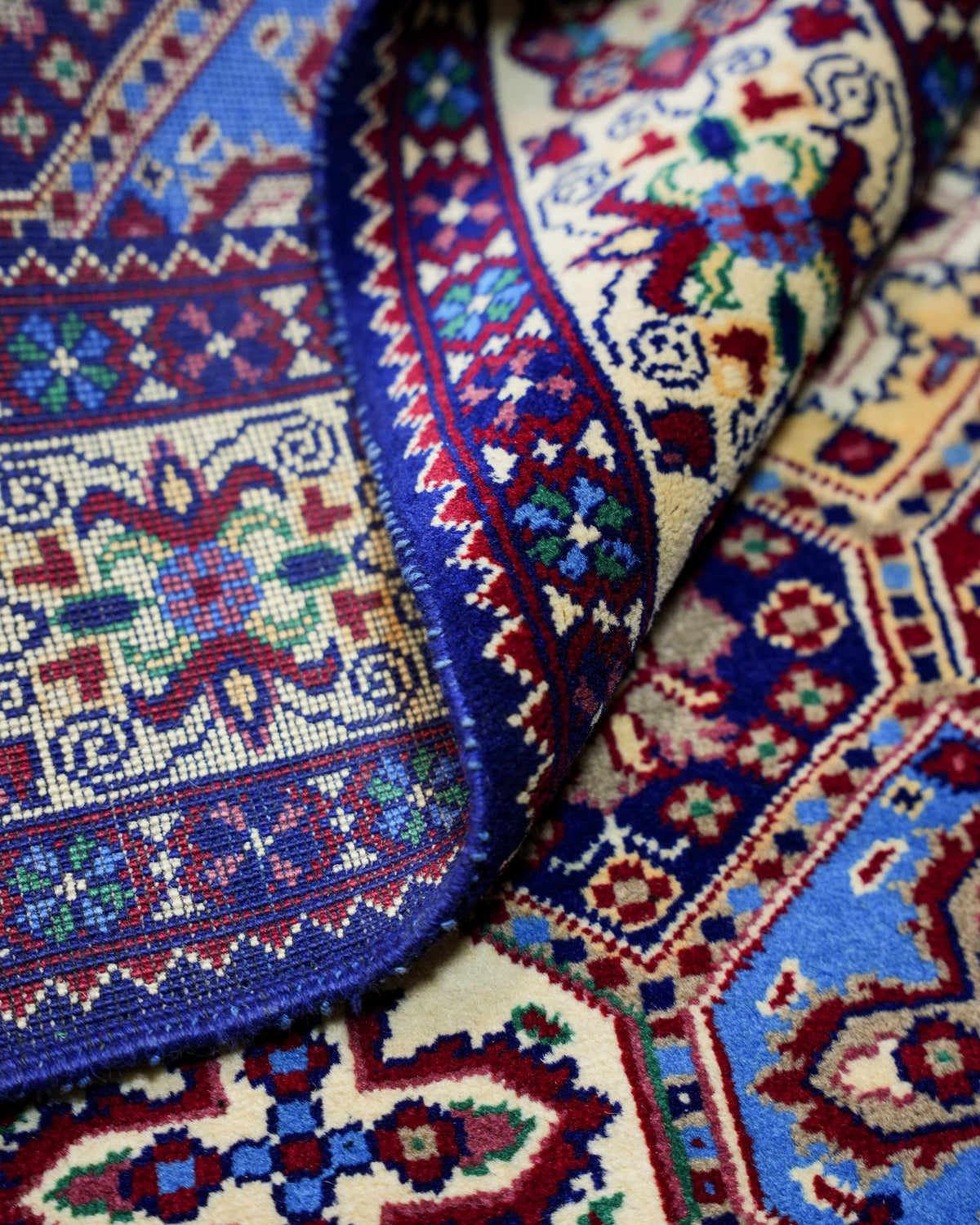 Handmade Bokhara Rug | Deep Blue Field with Red & Gold Octagon Medallions | Wool Rug