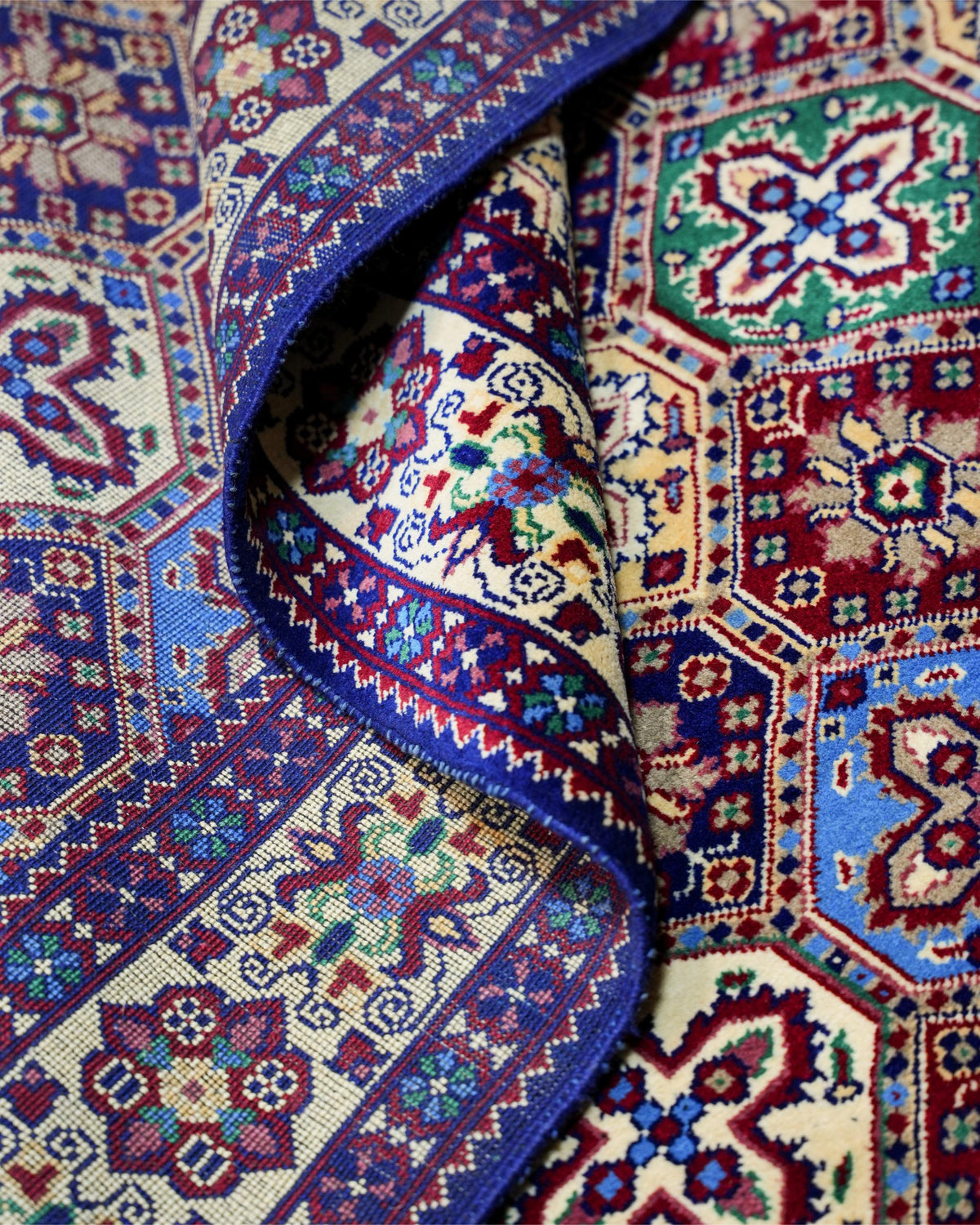 Handmade Bokhara Rug | Deep Blue Field with Red & Gold Octagon Medallions | Wool Rug