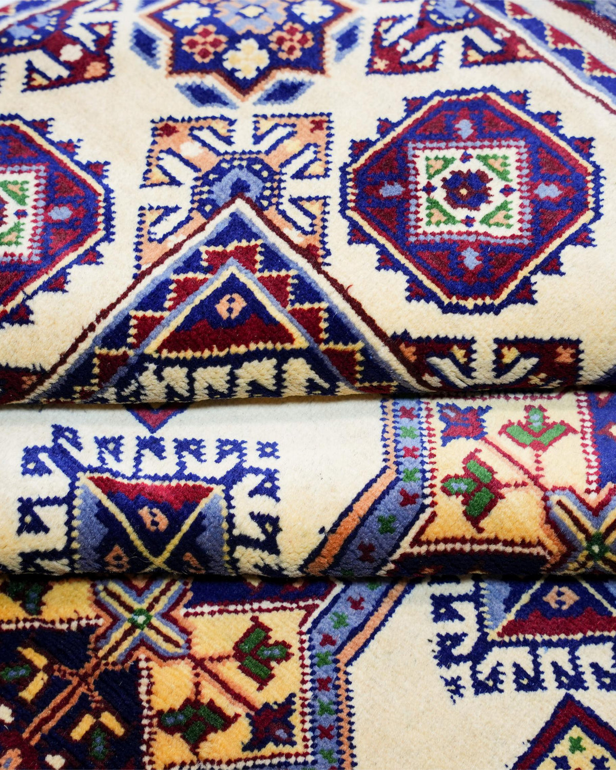 Handmade Bokhara Rug | Ivory Field with Navy & Gold Medallions | Wool Tribal Rug