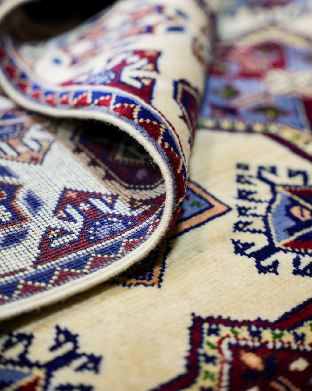 Handmade Bokhara Rug | Ivory Field with Navy & Gold Medallions | Wool Tribal Rug