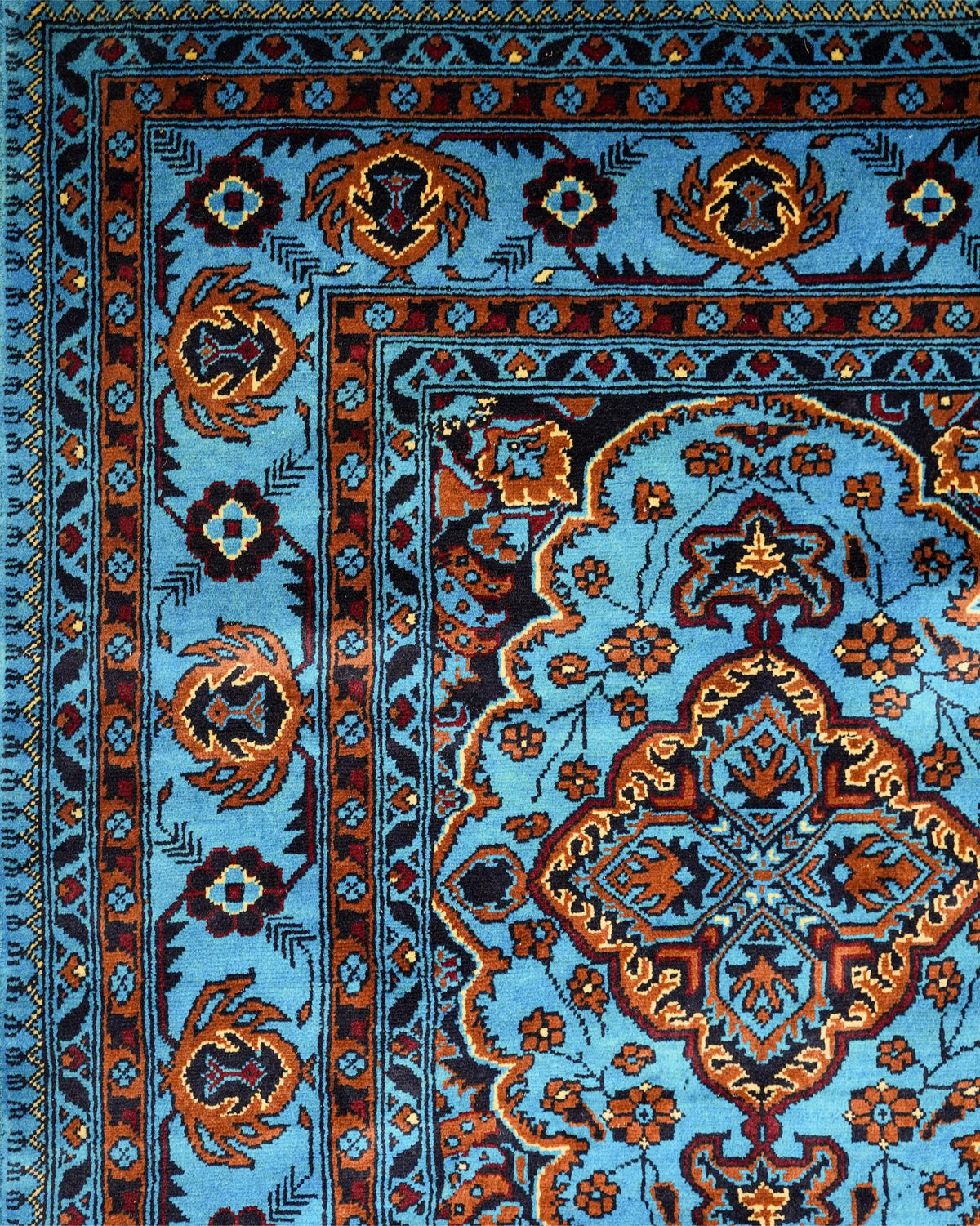 Handmade Turquoise Style Area Rug with Four Medallions and Fringed Ends