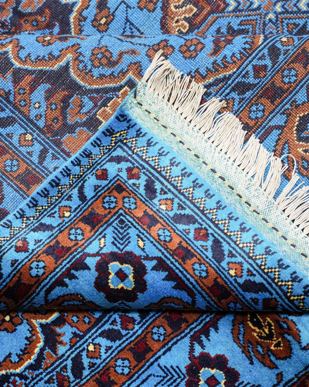 Handmade Turquoise Style Area Rug with Four Medallions and Fringed Ends