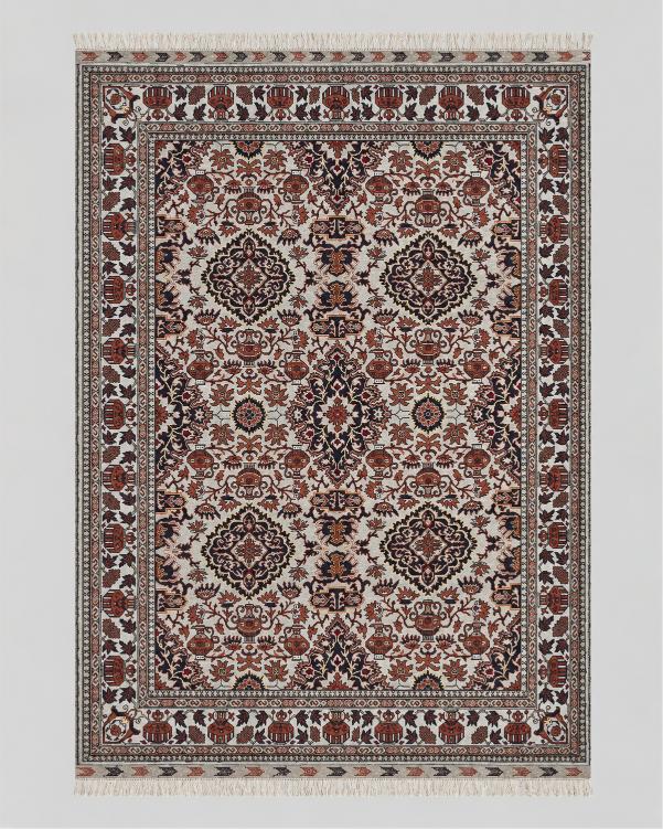 Ivory and Rust Area Style Rug with Vase Motifs and Fringed Ends