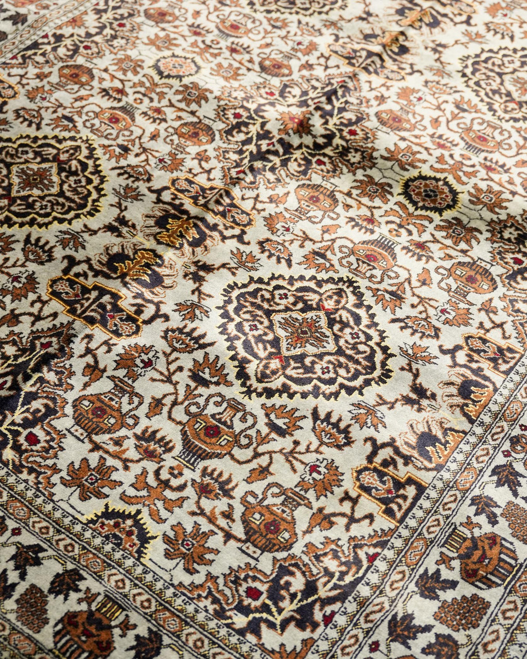 Ivory and Rust Area Style Rug with Vase Motifs and Fringed Ends