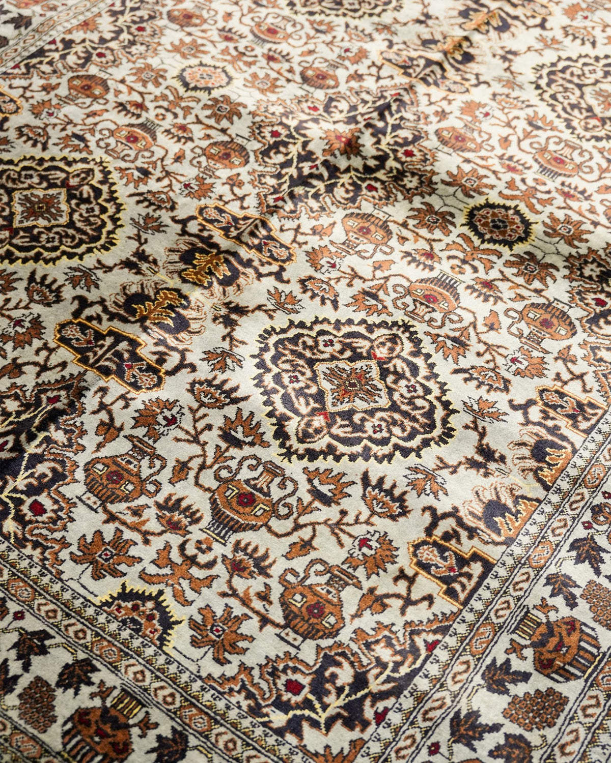 Ivory and Rust Area Style Rug with Vase Motifs and Fringed Ends