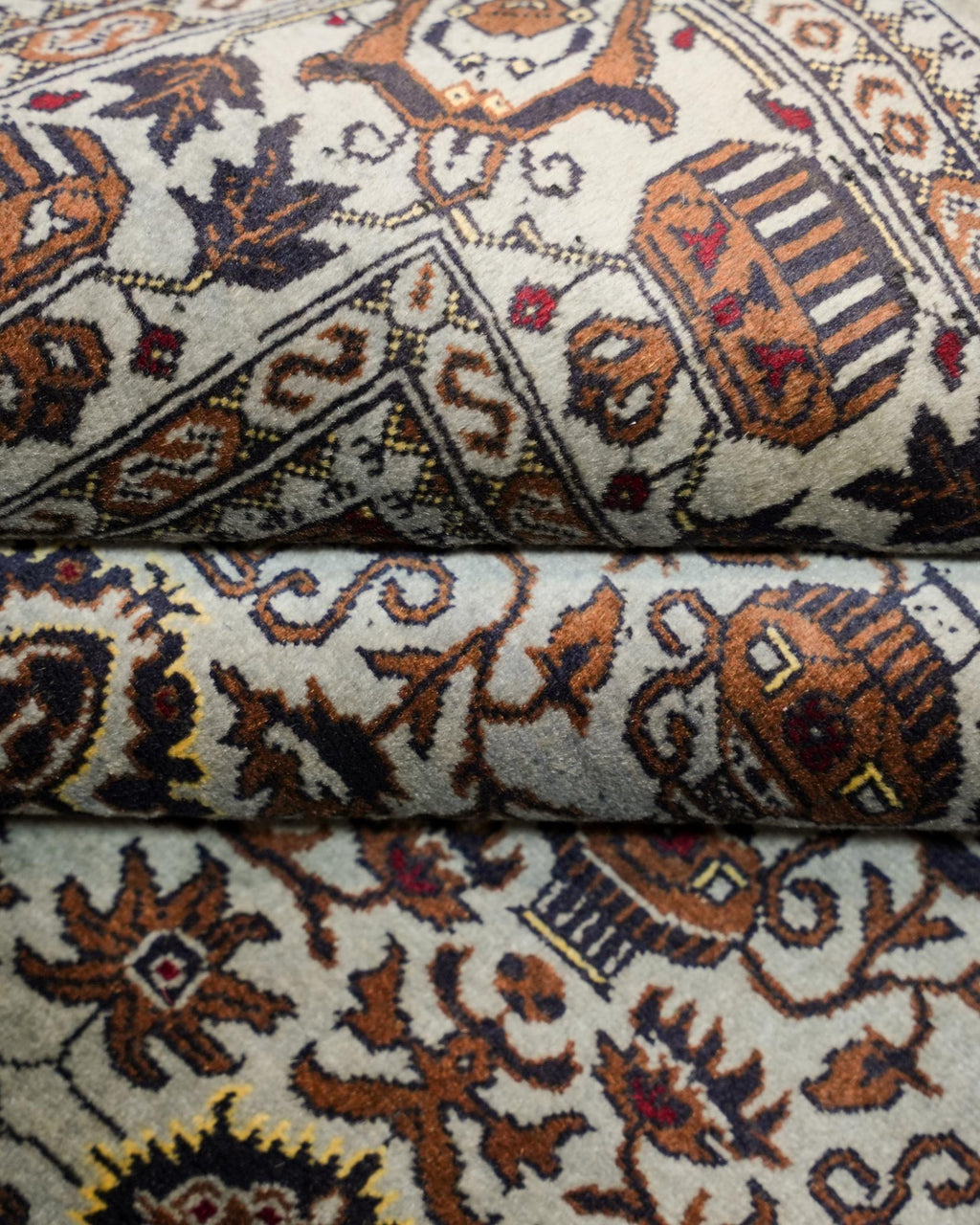 Ivory and Rust Area Style Rug with Vase Motifs and Fringed Ends