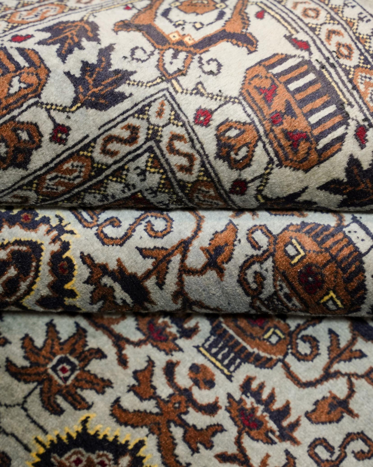 Ivory and Rust Area Style Rug with Vase Motifs and Fringed Ends