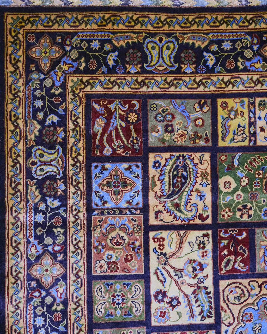 Multicolour 100% Handmade wool Rug with Navy Border and Tasselled Ends