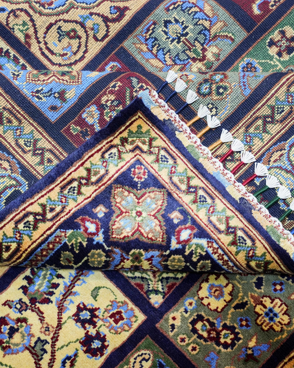 Multicolour 100% Handmade wool Rug with Navy Border and Tasselled Ends