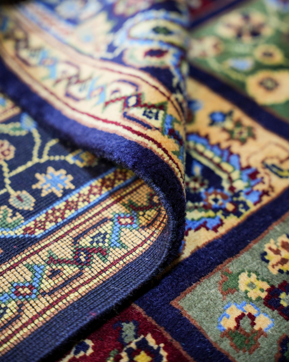 Multicolour 100% Handmade wool Rug with Navy Border and Tasselled Ends