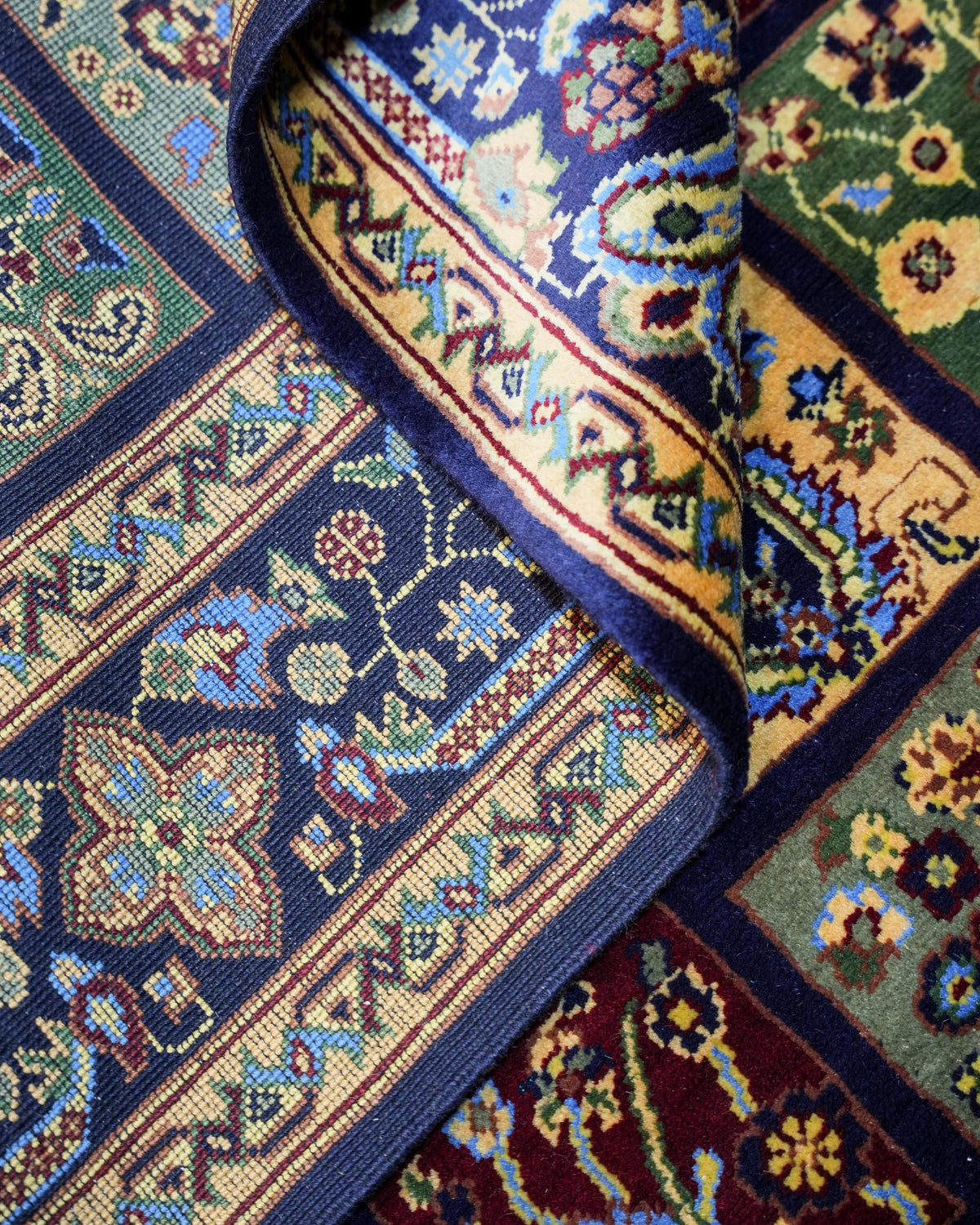 Multicolour 100% Handmade wool Rug with Navy Border and Tasselled Ends