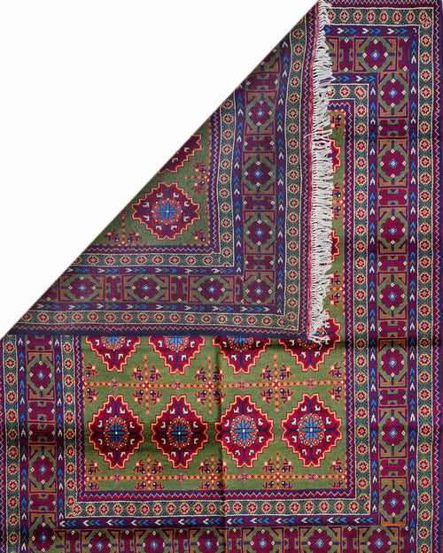 Handmade Bokhara Rug | Cream Field with Gold, Navy & Burgundy Diamond Medallions | Wool Rug