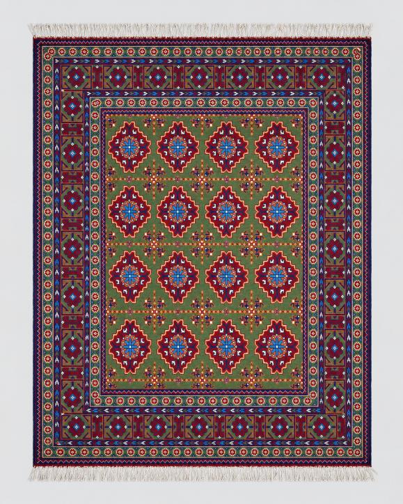 Handmade Bokhara Rug | Cream Field with Gold, Navy & Burgundy Diamond Medallions | Wool Rug