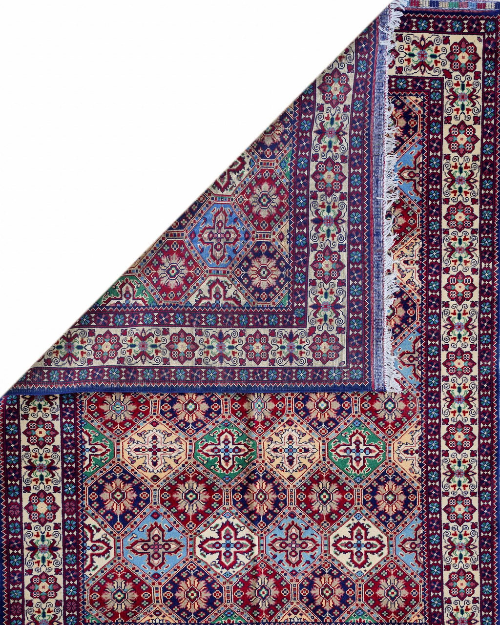 Handmade Bokhara Rug | Deep Blue Field with Red & Gold Octagon Medallions | Wool Rug