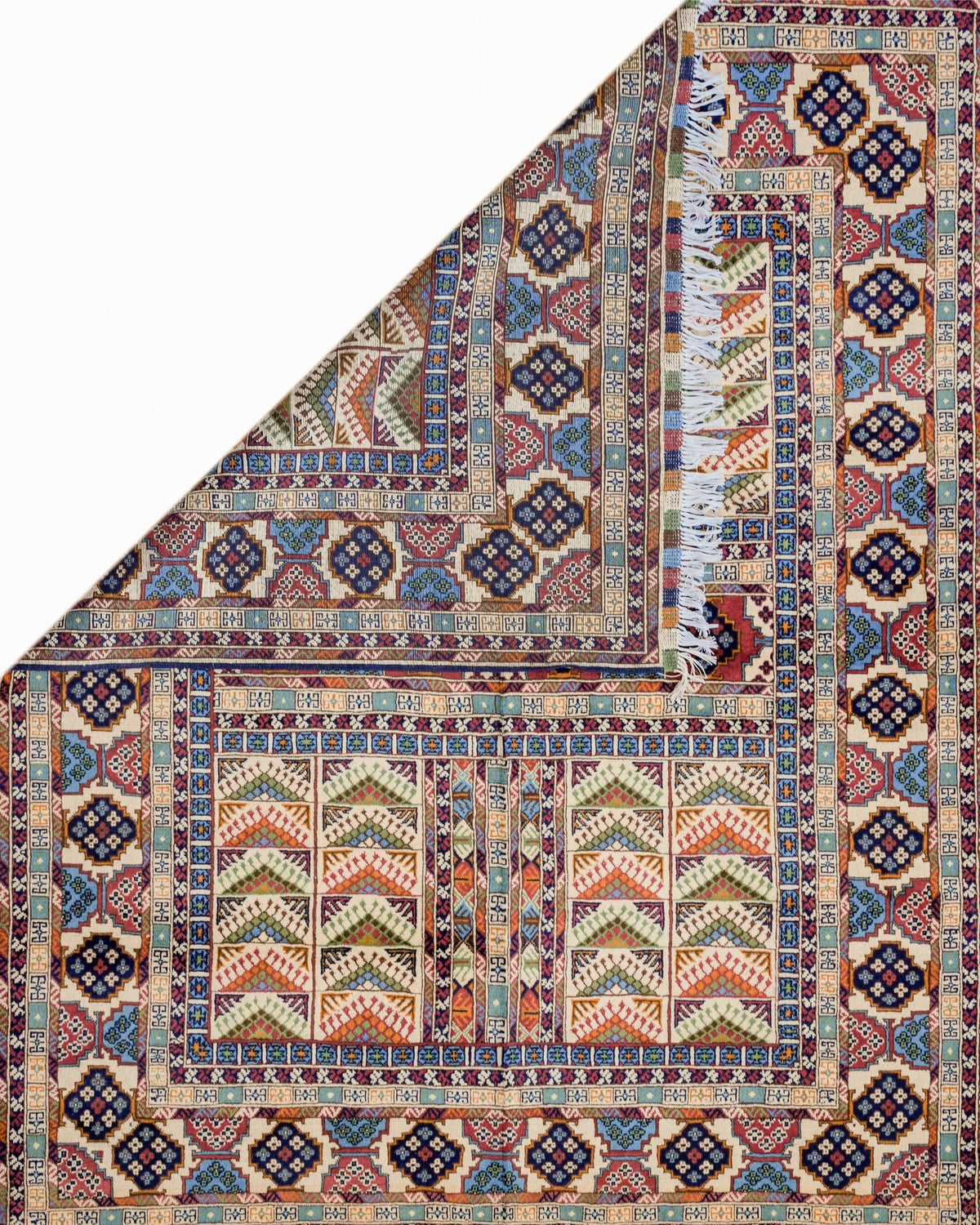 Handmade Mahi Medallion Rug | Ivory Field with Navy & Sage Center Medallion | Wool Rug