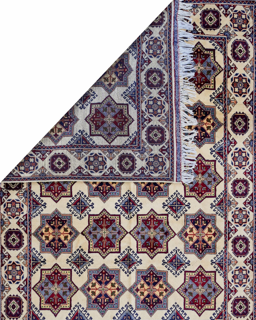 Handmade Bokhara Rug | Ivory Field with Navy & Gold Medallions | Wool Tribal Rug