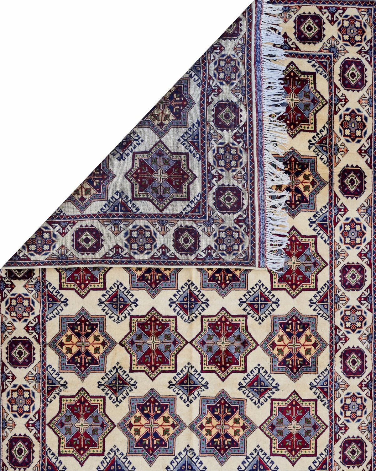 Handmade Bokhara Rug | Ivory Field with Navy & Gold Medallions | Wool Tribal Rug