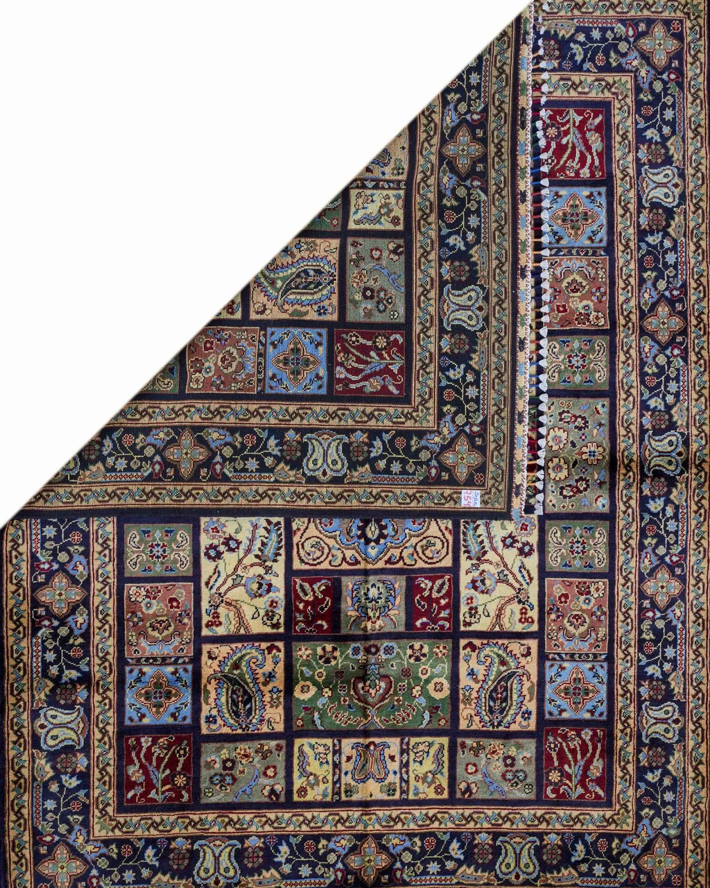 Multicolour 100% Handmade wool Rug with Navy Border and Tasselled Ends