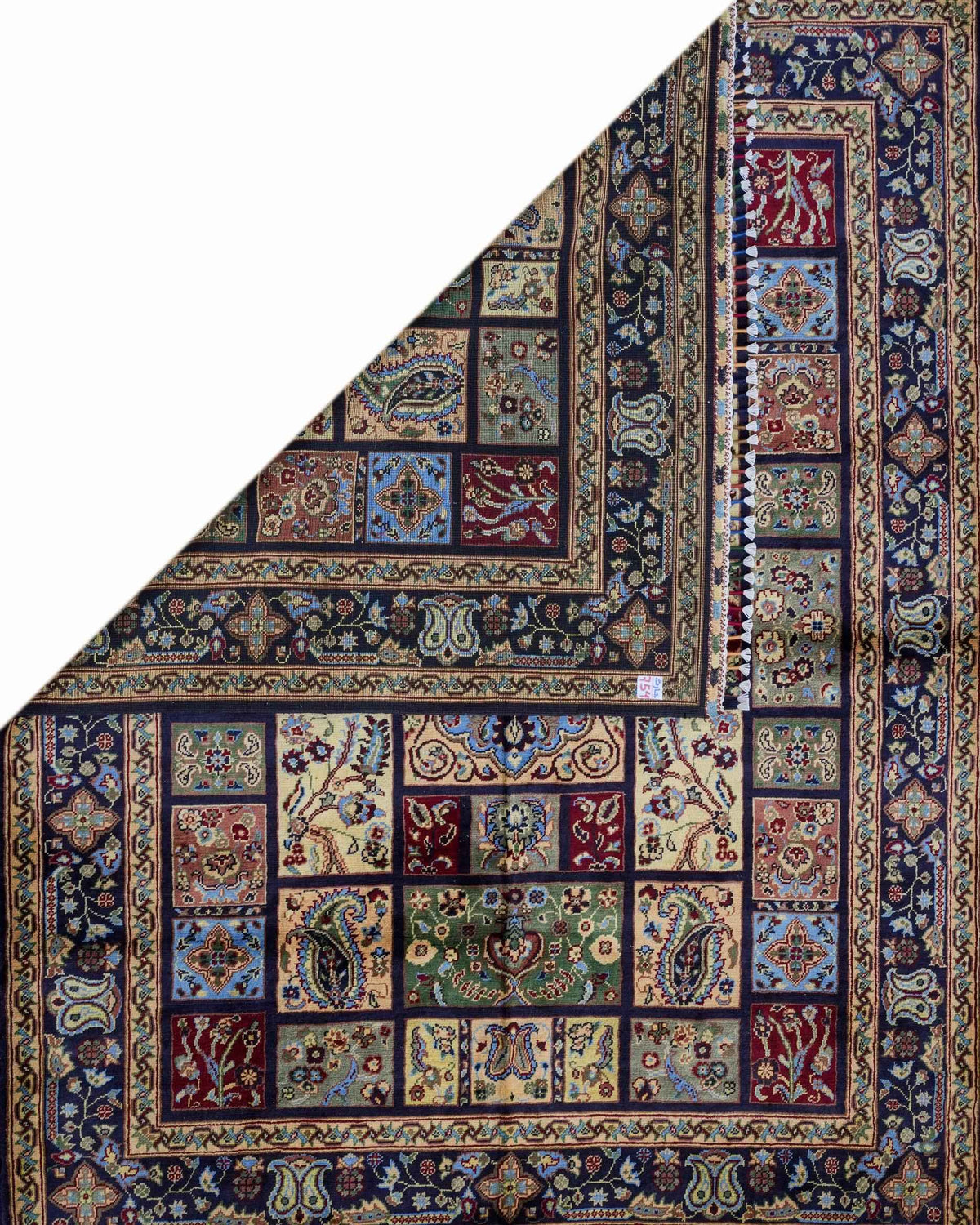 Multicolour 100% Handmade wool Rug with Navy Border and Tasselled Ends