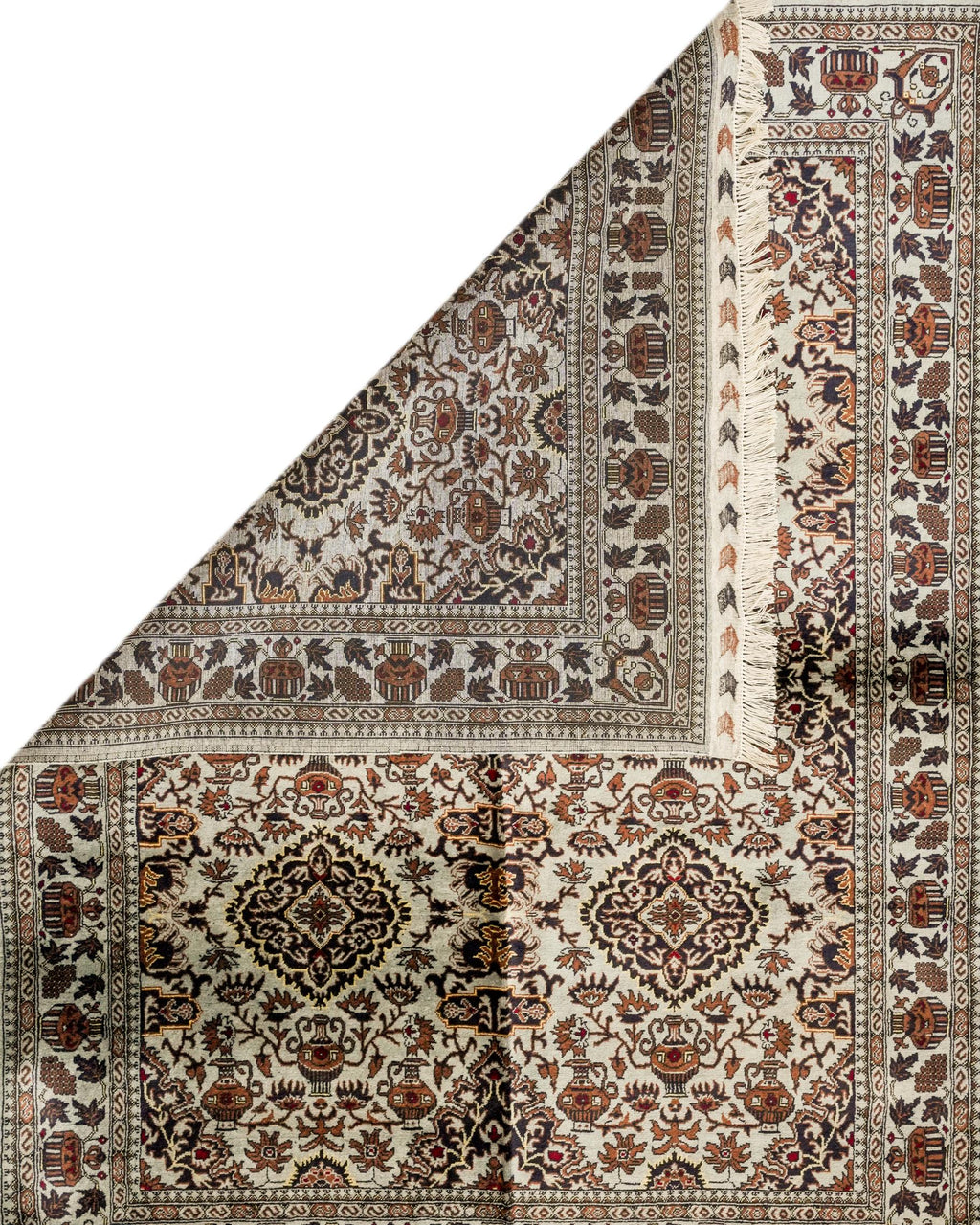 Ivory and Rust Area Style Rug with Vase Motifs and Fringed Ends