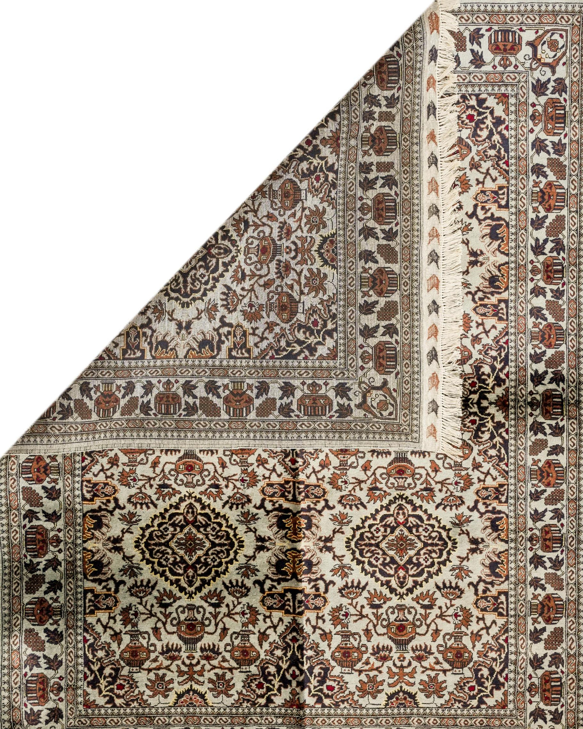 Ivory and Rust Area Style Rug with Vase Motifs and Fringed Ends