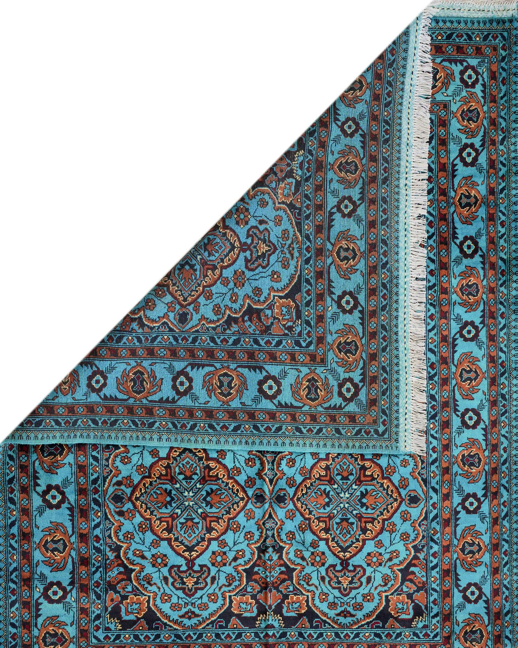 Handmade Turquoise Style Area Rug with Four Medallions and Fringed Ends