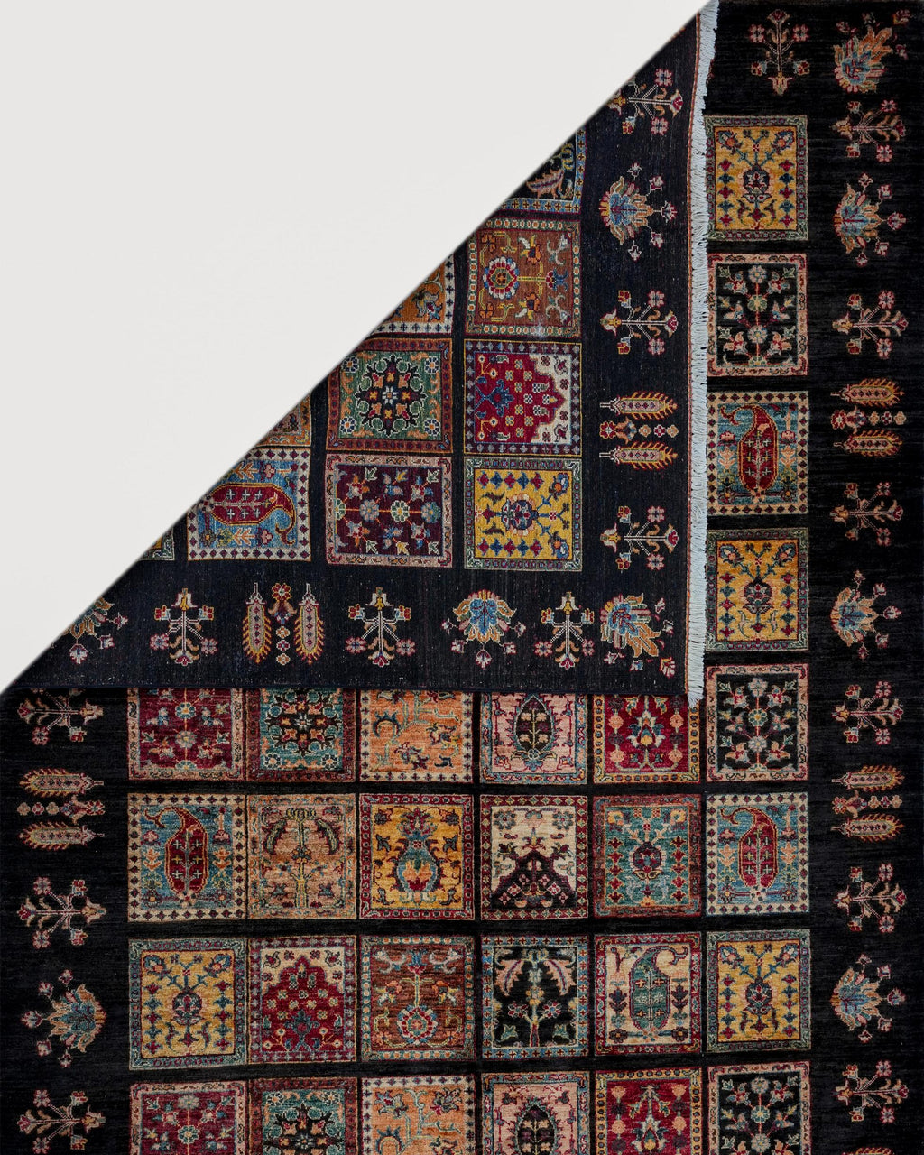Handmade All-Over Floral Rug | Golden Amber Field with Navy Border | Wool Rug