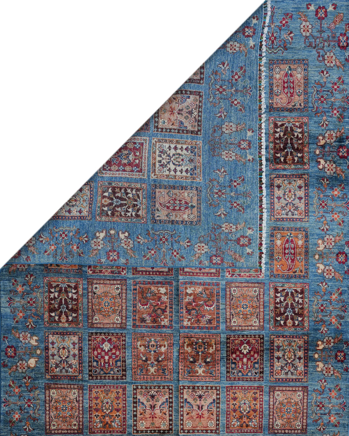 Handmade Panel Design Rug | Ivory Field with Multicolor Compartment Motifs | Wool Rug