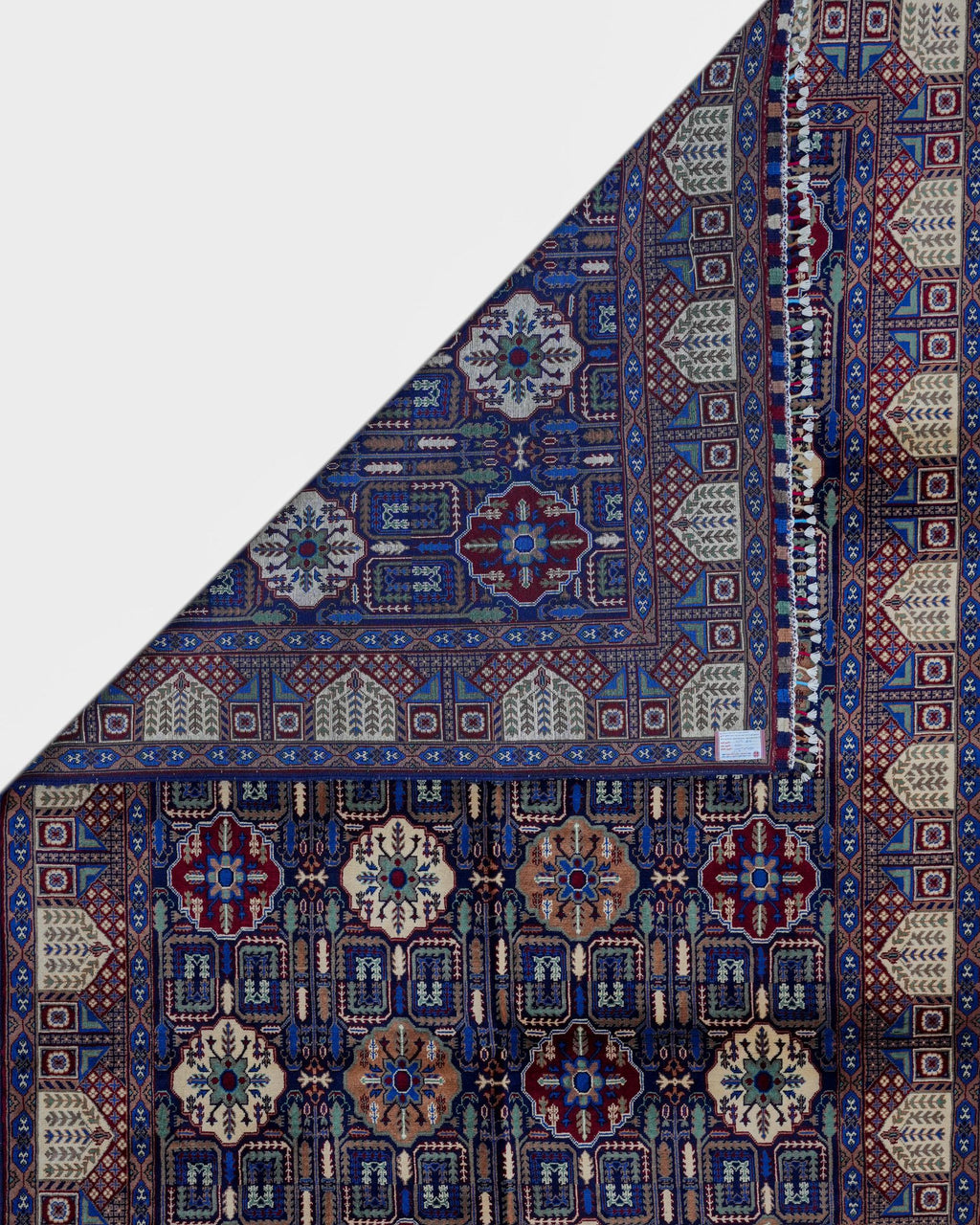 Handmade Garden Panel Rug | Burgundy Field with Tree-of-Life Compartments | Wool Rug