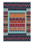 Tribal Style Striped Area Rug in Navy, Aqua and Orange with Tasselled Ends