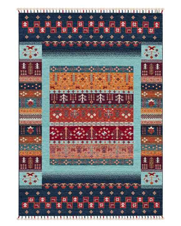 Tribal Style Striped Area Rug in Navy, Aqua and Orange with Tasselled Ends