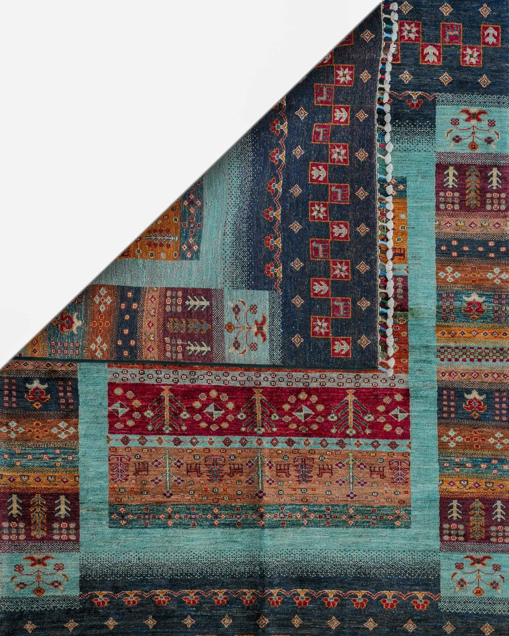 Tribal Style Striped Area Rug in Navy, Aqua and Orange with Tasselled Ends