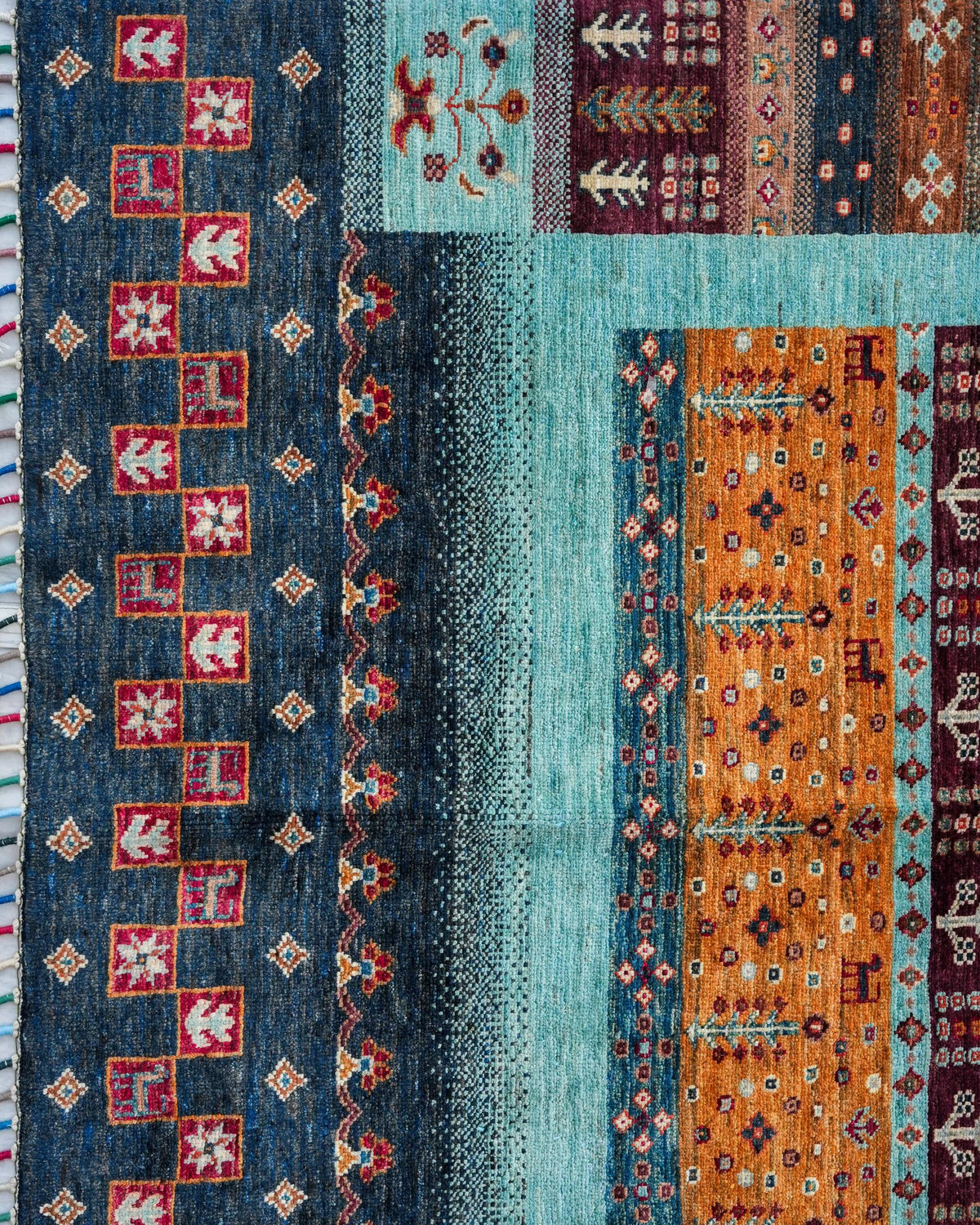 Tribal Style Striped Area Rug in Navy, Aqua and Orange with Tasselled Ends
