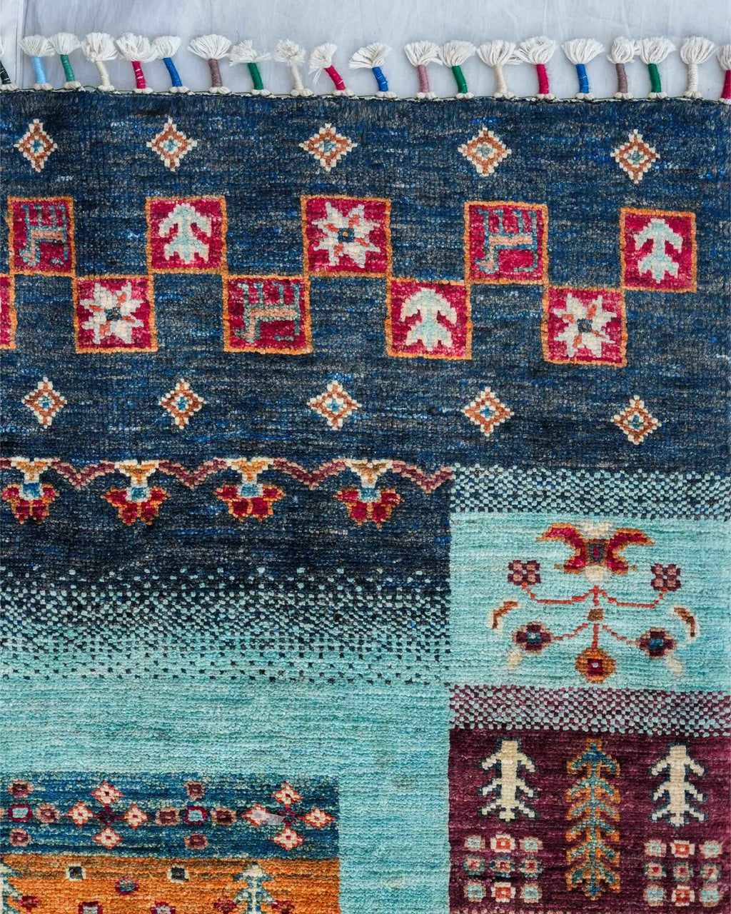 Tribal Style Striped Area Rug in Navy, Aqua and Orange with Tasselled Ends