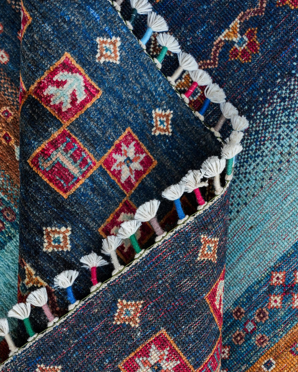 Tribal Style Striped Area Rug in Navy, Aqua and Orange with Tasselled Ends