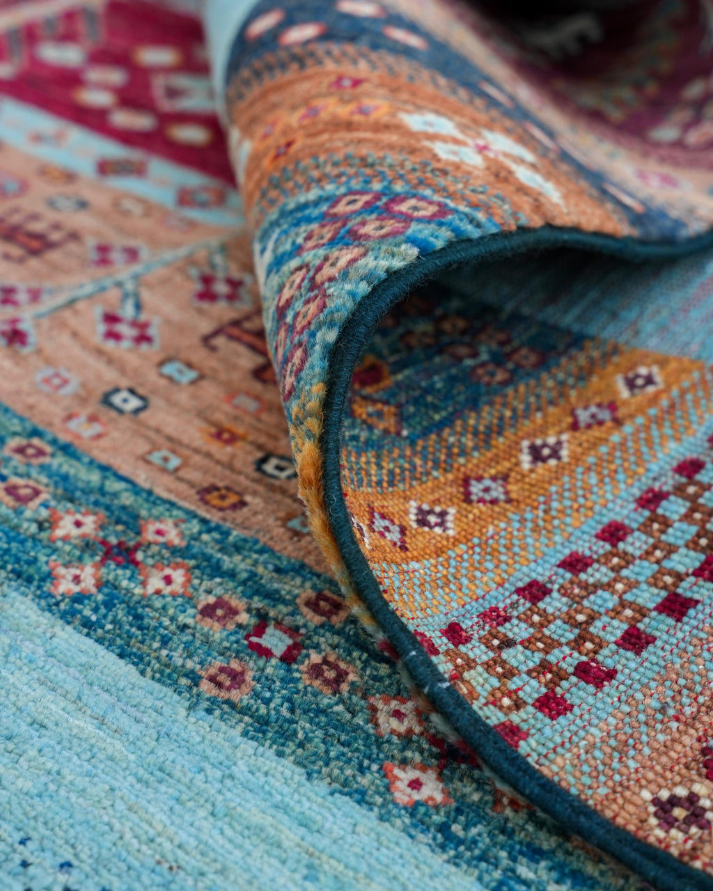 Tribal Style Striped Area Rug in Navy, Aqua and Orange with Tasselled Ends
