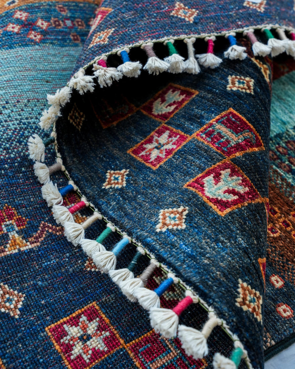 Tribal Style Striped Area Rug in Navy, Aqua and Orange with Tasselled Ends
