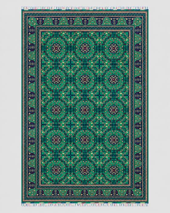 Handmade All-Over Floral Rug | Golden Amber Field with Deep Red Border | Wool Rug