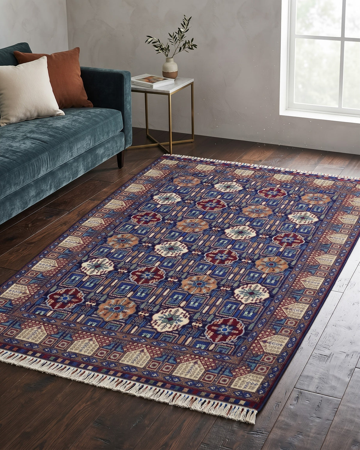 Handmade Garden Panel Rug | Burgundy Field with Tree-of-Life Compartments | Wool Rug